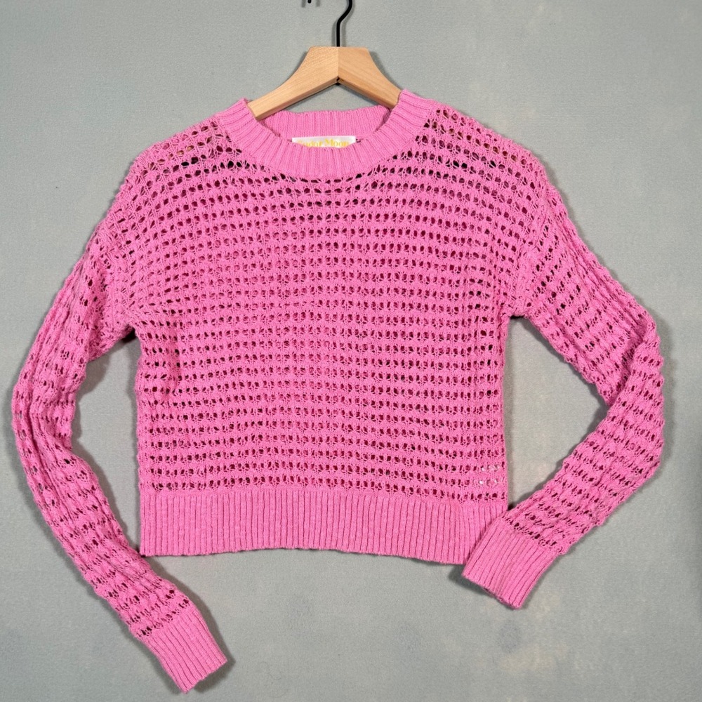 Sugar Moon Pink Open Knit Crochet Cotton Sweater Crew Neck Cropped Womens Small